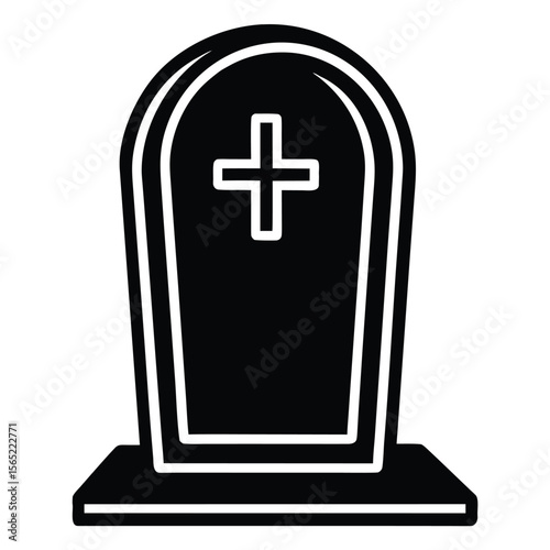Simple black and white icon of a tombstone with a cross on a white background