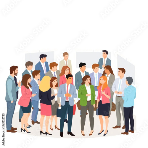 A large team of twelve team members are networking with visitors at a booth. They are dressed in business attire and seem engaged in the conversation.