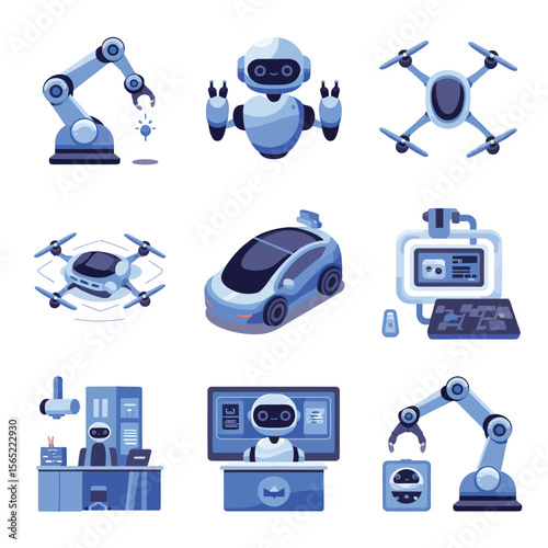 vector icons for robots, artificial intelligence, and the assistance provide in work and security 
