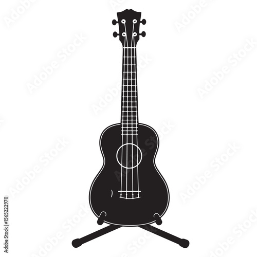 Isolated black silhouette of an ukulele on a stand depicting music and musical instruments