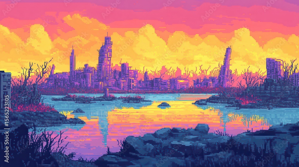 Naklejka premium Pixel art of a ruined cityscape by a tranquil body of water.