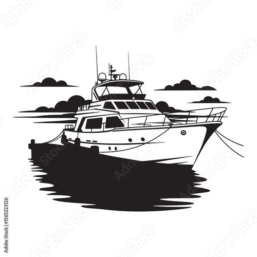 Luxurious motor yacht at sea silhouette black and white vector illustration artwork
