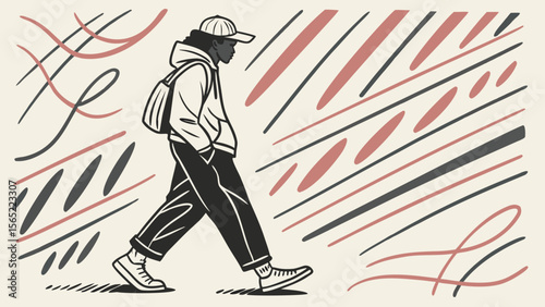 Streetwear fashion illustration of a person walking with a hoodie and cap in urban style vector art