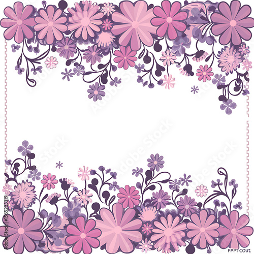 Floral Flourish Frame: A charming illustration featuring an array of stylized pink and purple flowers and foliage, forming an exquisite frame with delicate artistic flourish.