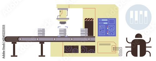Robotic arm stacking objects on conveyor belt with bug icon symbolizing debugging or error-checking. Ideal for automation, technology, factory processes, robotics, quality control, manufacturing