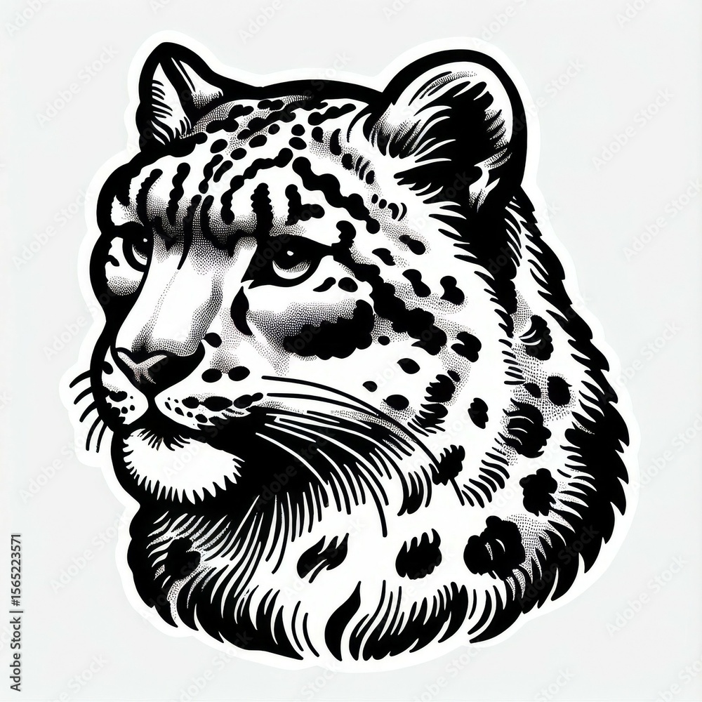 Fototapeta premium Snow Leopard Head Black And White Illustration