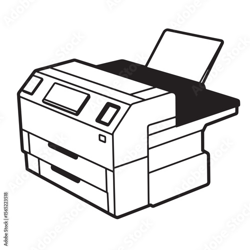Modern office printer depiction in a simple black and white vector illustration