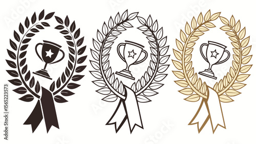 Trophy award achievement laurel wreath ribbon vector illustration for success and victory celebration