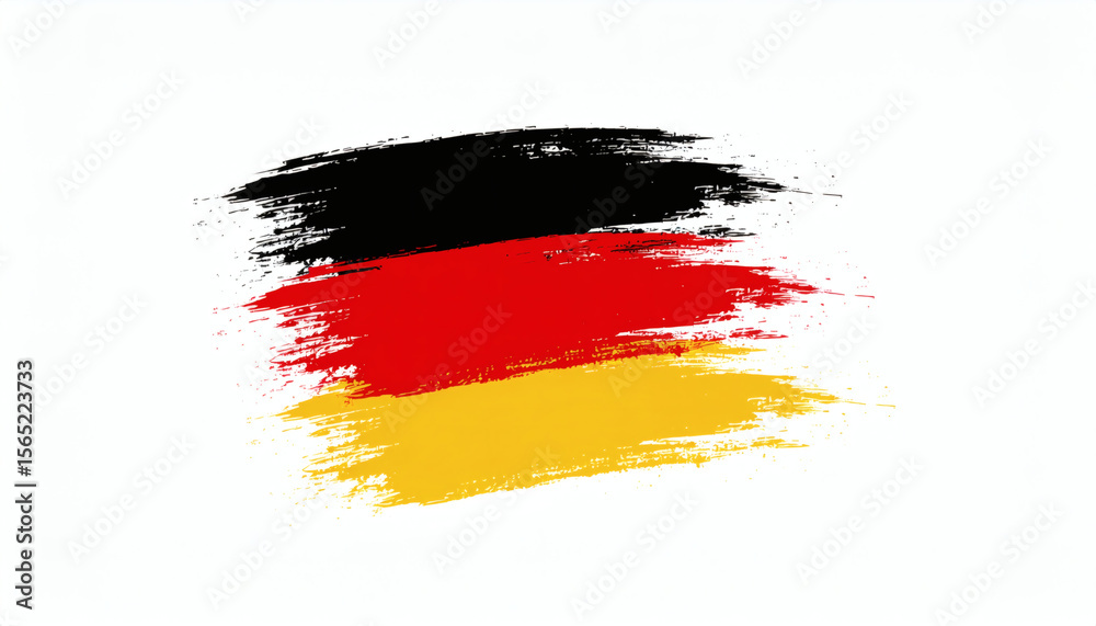 Obraz premium Germany flag with horizontal black, red, and gold brush strokes, textured paint effect on white background, artistic high-resolution design