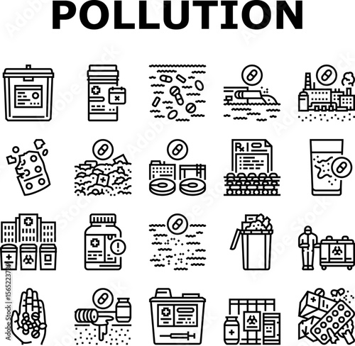 pharmaceutical pollution icons set vector