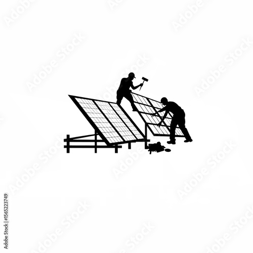 Silhouette of engineers installing solar panels on a rooftop on white background