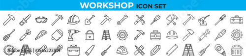 Workshop Icon Set: Vector Line Art Illustration of Tools, Equipment, and Safety Gear for DIY, Construction, and Repair Projects
