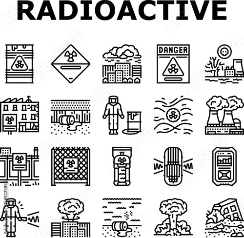 radioactive pollution icons set vector