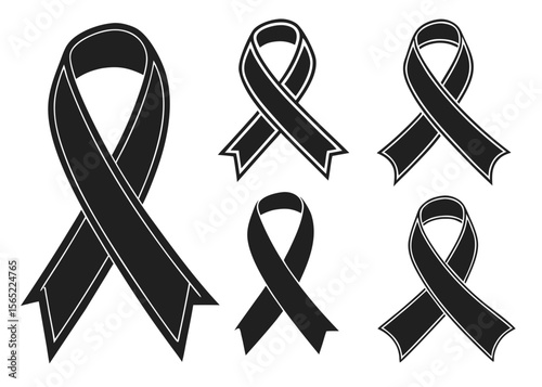 A Collection of Black Awareness Ribbons Symbolizing Mourning Remembrance and Support for Various Causes on a White Background