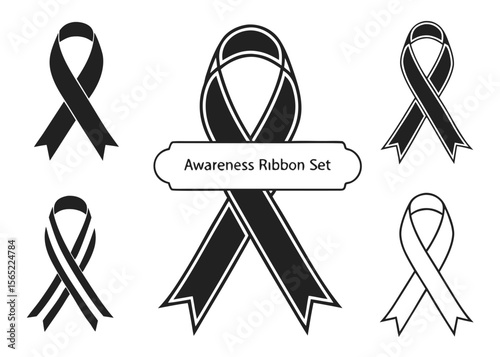 Collection of Black Awareness Ribbons Graphic Vector Set for Mourning Melanoma or Solidarity Symbolism and Support
