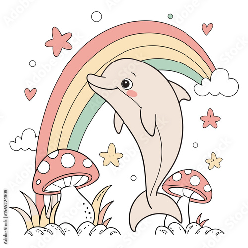 Vector illustration of a Playful Dolphin with under a mushroom, styled in a Rainbow theme using Pastel Rainbow colors