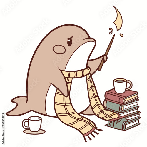 Cute Bashful Dolphin, accessorized with with a magic wand, in a Bookworm Day world – Cozy Reading palette vector