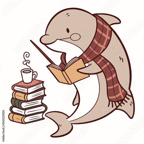 Cute Bashful Dolphin, accessorized with with a magic wand, in a Bookworm Day world – Cozy Reading palette vector