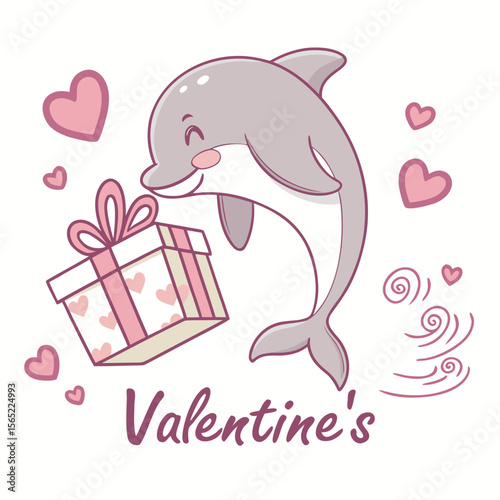 Creative SVG: Amused Dolphin with carrying a gift box in a Valentine Blush colored Valentine theme