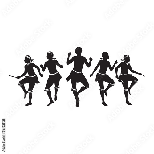 Silhouette illustration of dancing people in tribal attire showcasing traditional culture on white background