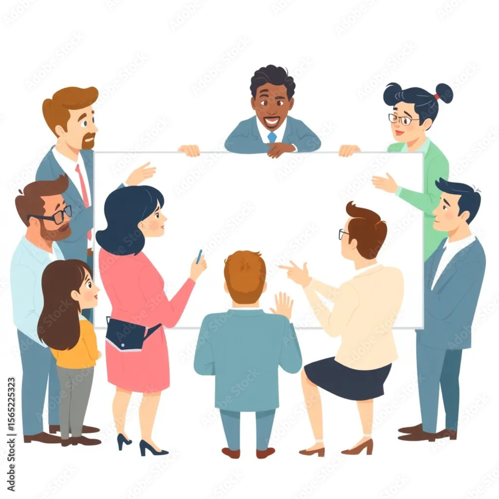 A group of nine consultants are brainstorming ideas around a whiteboard. Everyone is contributing ideas, and a few are pointing at the board or screen. A group of nine consultants are brainstorming ideas around a whiteboard. Everyone is contributing ideas, and a few are pointing at the board or screen.