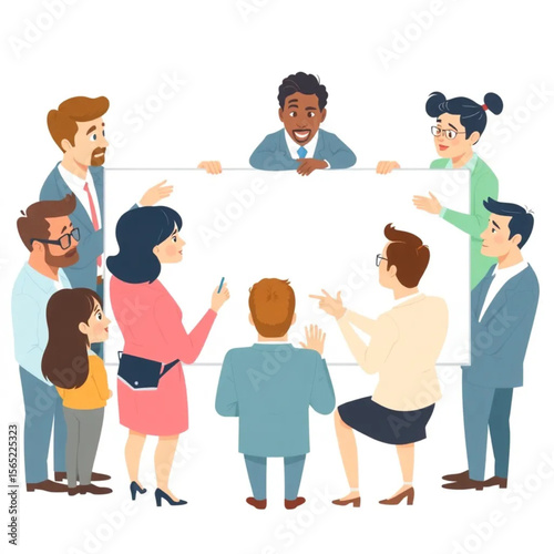 A group of nine consultants are brainstorming ideas around a whiteboard. Everyone is contributing ideas, and a few are pointing at the board or screen.