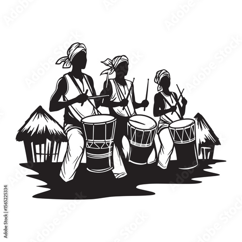 Silhouette illustration of drum players performing traditional music for cultural celebration