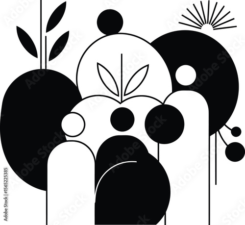 Illustration of Minimalist vector design of community gathering event by a world-class graphic designer. black and white,  no text, minimalist, abstract, clean white 