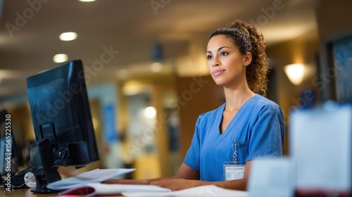 Confident female healthcare professional stands at the nurses station engaged in updating a patient register on a computer. Her concentration reflects the critical role of accurate