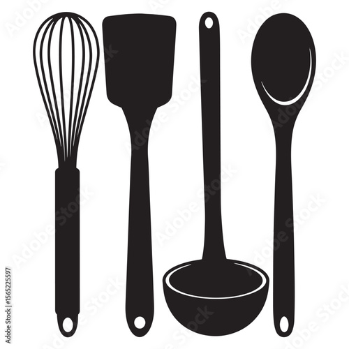 Silhouette illustration of various kitchen utensils including a whisk spatula and ladle