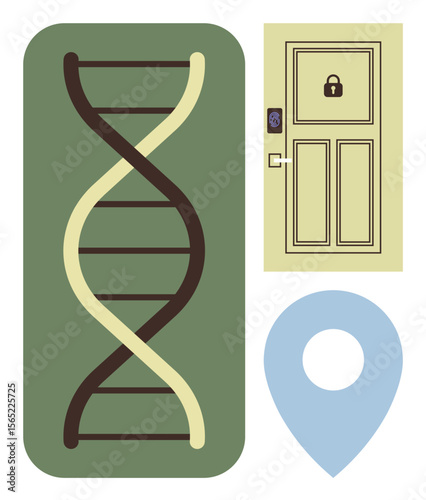 DNA strand, smart lock door, and map marker symbolizing genetics, access control, geolocation. Ideal for cybersecurity, biotechnology, mapping, access systems privacy safety simple flat metaphor