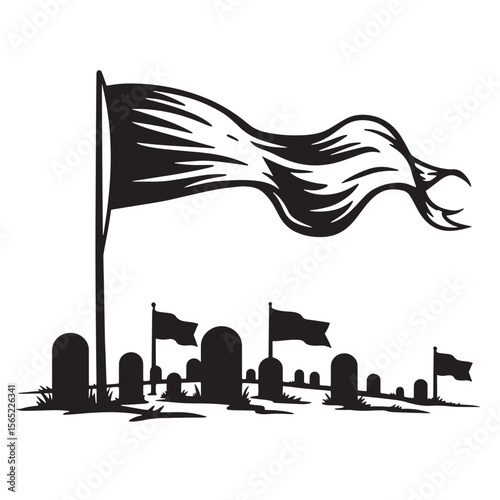 Silhouette of a graveyard with flags waving representing a solemn and mournful scene