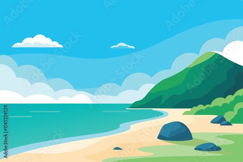 Serene Coastal Mountain Landscape Beach, Ocean, and Green Hills Illustration