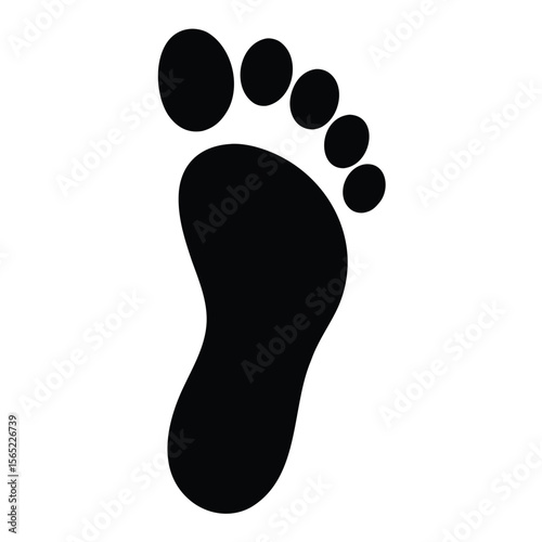 Simple black silhouette of a human footprint with toes on a white background