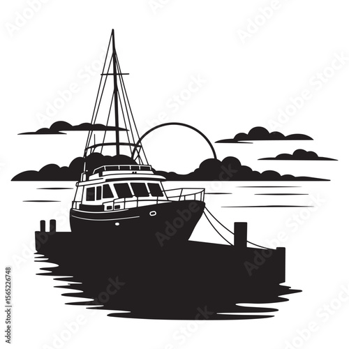 Silhouette of a luxury yacht docked at a pier with sunset and clouds in background