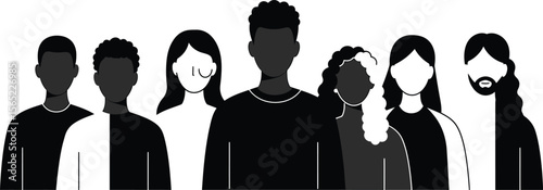 Illustration of Minimalist vector design of diverse group people by a world-class graphic designer. black and white,  no text, minimalist, abstract, clean white backg