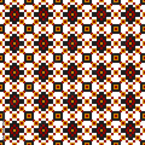 Traditional Ukrainian embroidery pattern with geometric pixel flowers. Seamless vector ornament isolated on white background. Folk embroidery and ethnic textile concept
