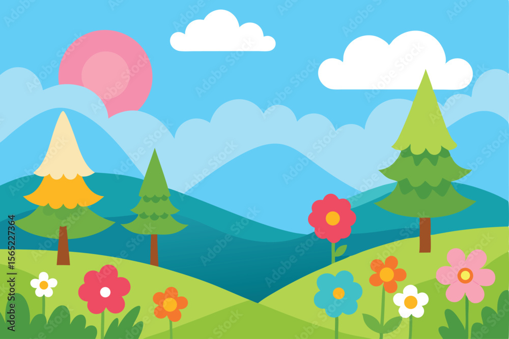 Fototapeta premium Vibrant Spring Landscape Illustration Colorful Flowers, Mountains, and Trees