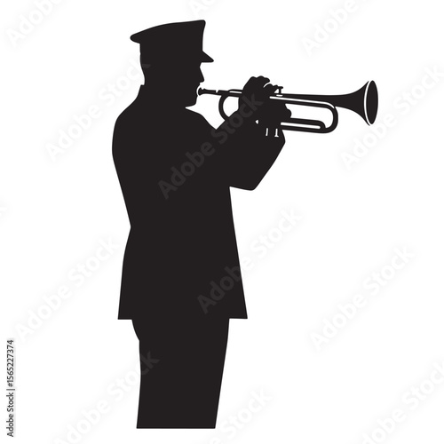 Silhouette of a military trumpeter playing trumpet isolated on white background