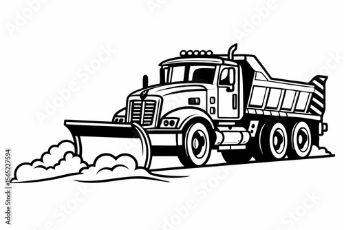 Minimalist black and white vector illustration of snow plow truck in action