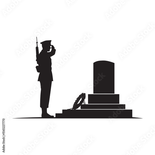 Silhouette of a soldier saluting a tombstone remembering fallen heroes on remembrance day