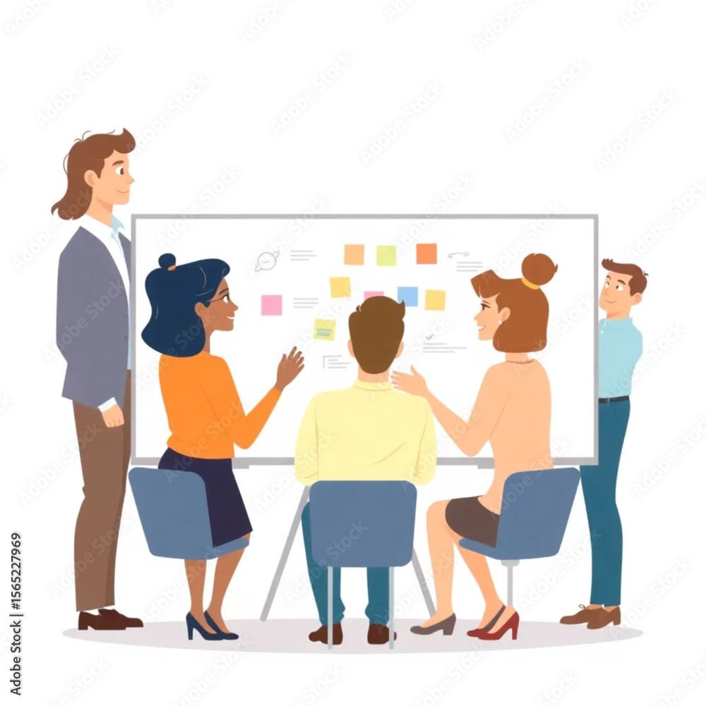 Obraz premium A group of six employees are brainstorming ideas around a whiteboard. The atmosphere is professional yet relaxed.