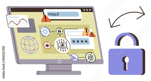 Computer screen showing browser, warning signs, and cybersecurity elements. Lock symbol emphasizes secure connections. Ideal for technology, security, internet safety, data protection, IT privacy