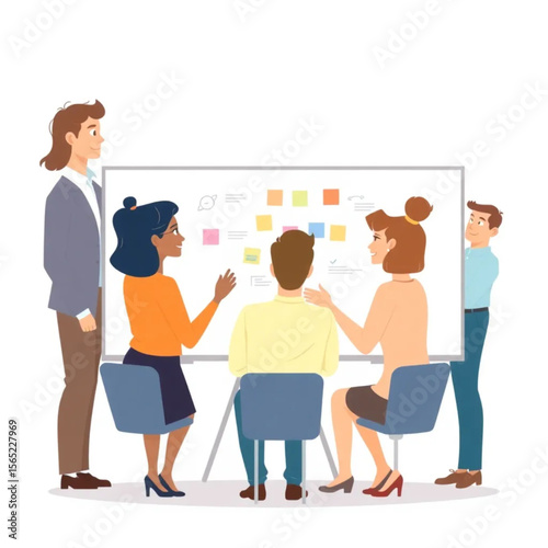 A group of six employees are brainstorming ideas around a whiteboard. The atmosphere is professional yet relaxed.