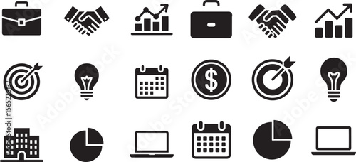 Business icons briefcase handshake graph calendar target lightbulb coin building vector