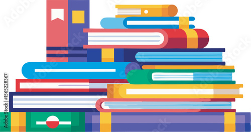 Colorful stacks and piles of books with varying arrangements and designs