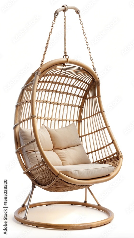 Fototapeta premium Elegant Indoor or Outdoor Wicker Hanging Egg Chair with Beige Cushions and Base