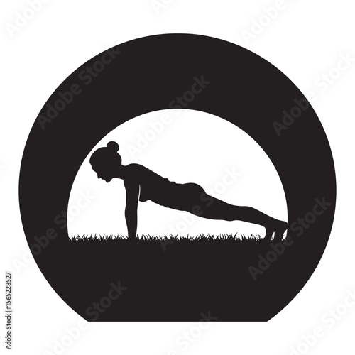 Silhouette of a woman performing a push up exercise in a circle outline