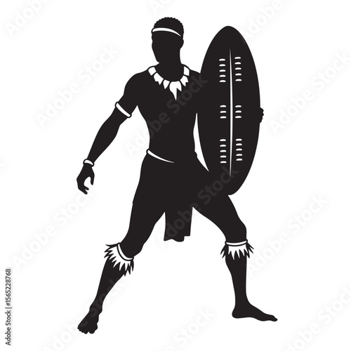 Silhouette of an african warrior holding a shield ready for battle and defence