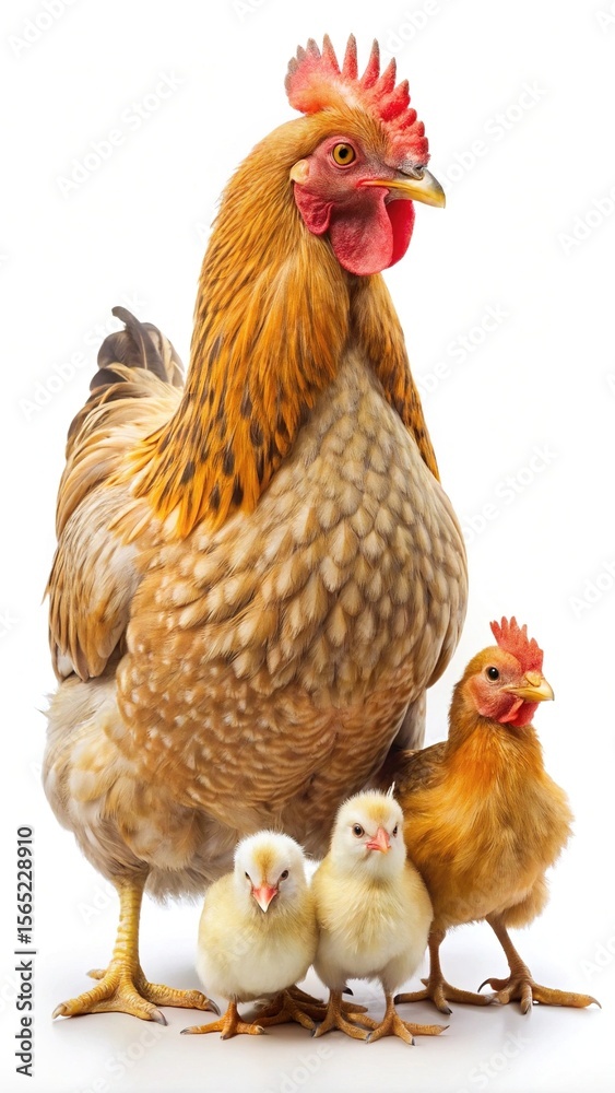 Fototapeta premium Proud mother hen stands tall with her chicks protecting them from danger